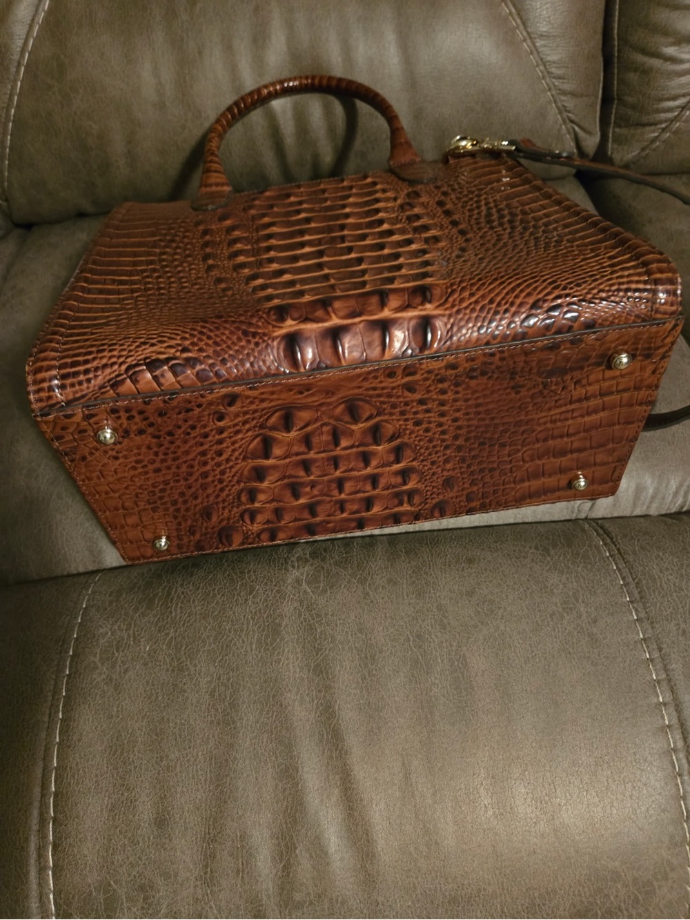 Brahmin Croc-Embossed Chestnut Brown Satchel with Gold Hardware - Picture 2 of 5